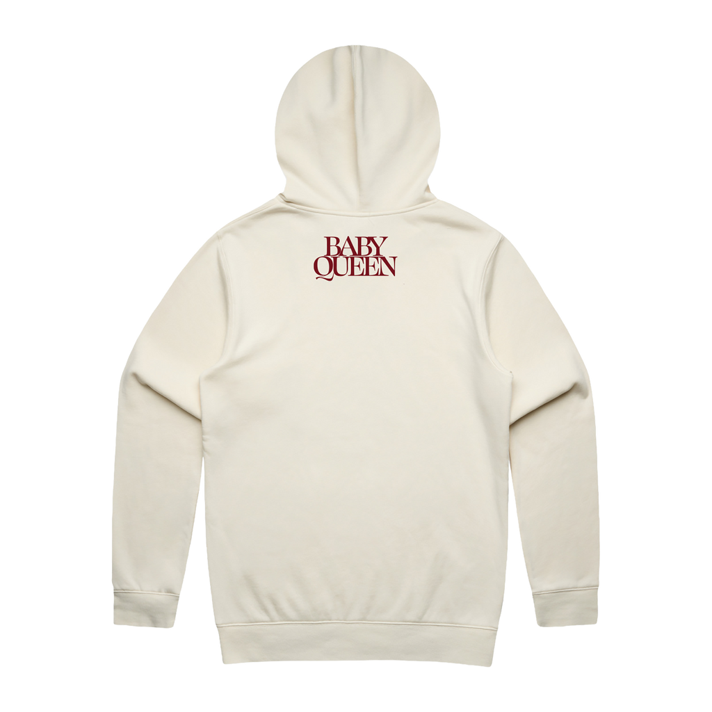 Ecru hoodie with red 'BABY QUEEN' text on the back 